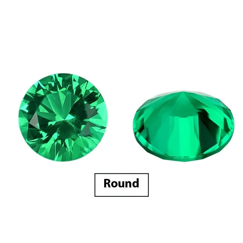 Synthetic emerald loose stone in Columbia green treasure colour showing round and cushion cut options