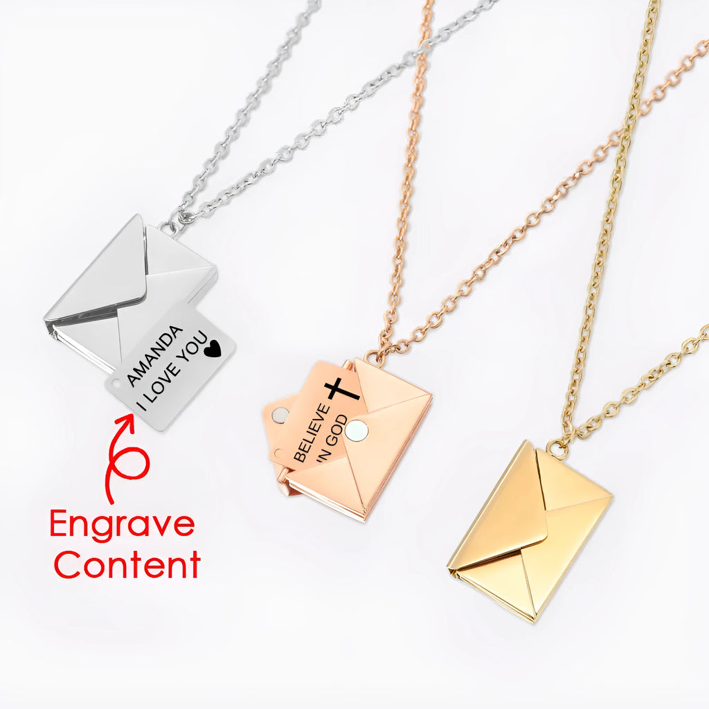 Gold envelope-shaped locket pendant on a stainless steel chain with custom engraving option