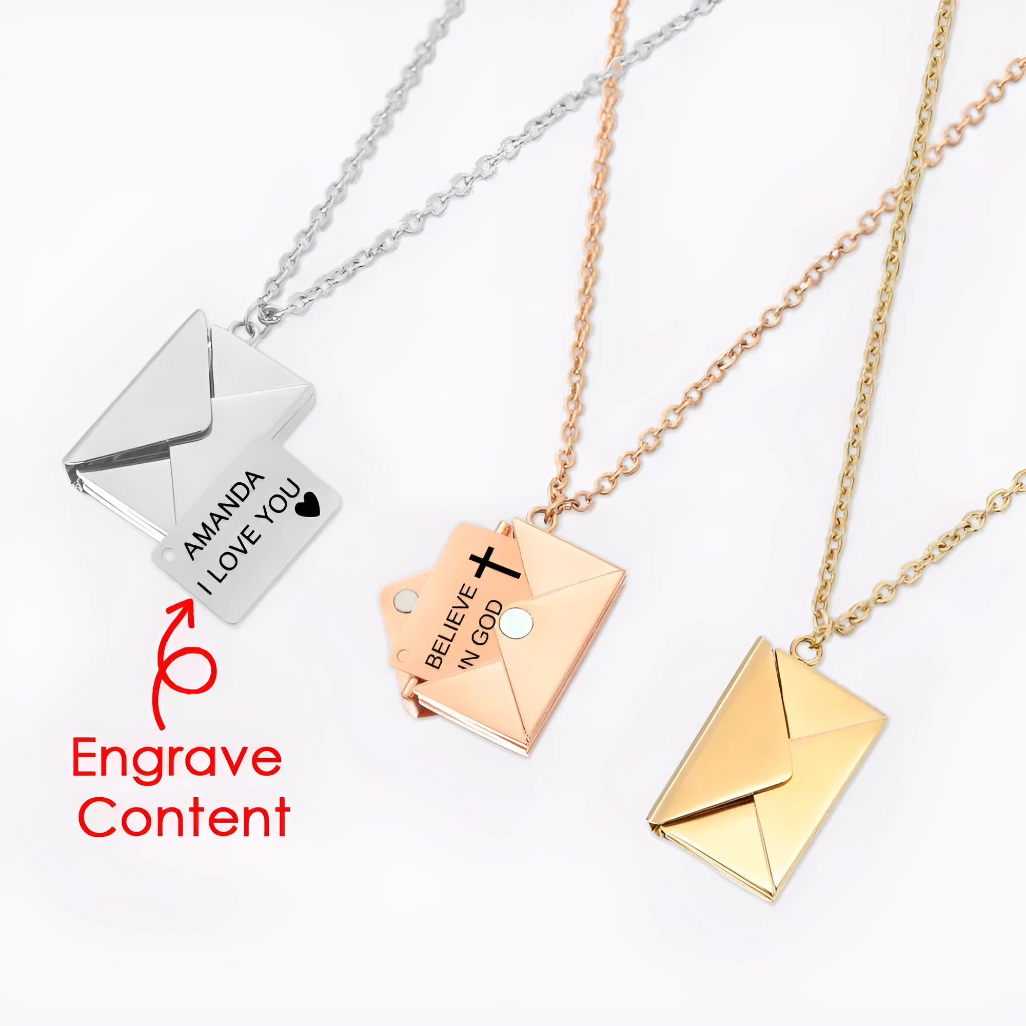 Gold envelope-shaped locket pendant on a stainless steel chain with custom engraving option