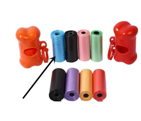 Pack of dog poop bags in six colours black blue green pink purple red sized 22.5x30cm for pet waste