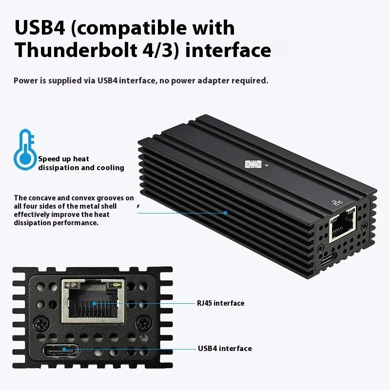 Black Leyu USB4 to RJ45 10 gigabit network adapter with 20cm cable on a desk