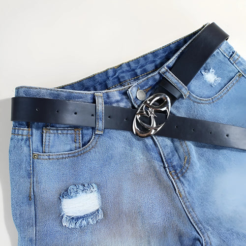 Silver alloy buckle on 3.3cm wide PU leather belt showing snap button fastening