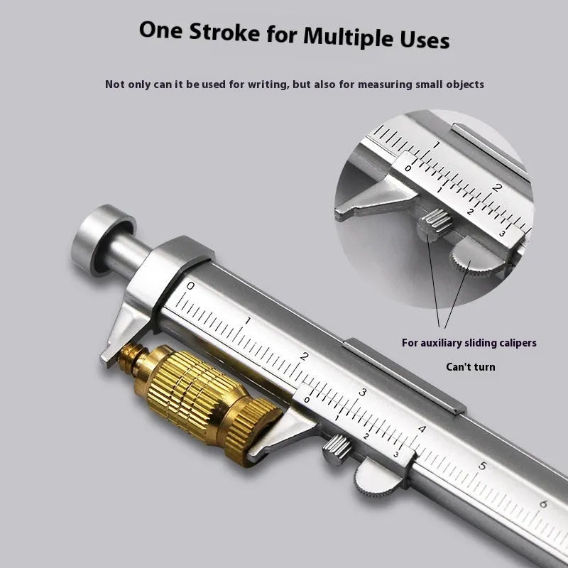 Plastic vernier caliper ballpoint pen with 100mm scale, bullet tip, and colour options