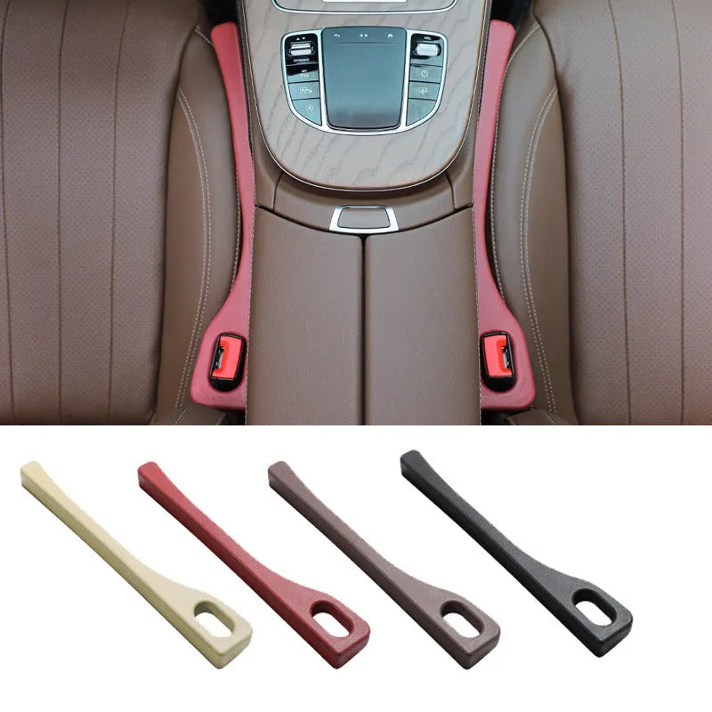 A pair of flexible polyurethane car seat gap filler rods shown in available colours: black, brown, red, beige, and green.