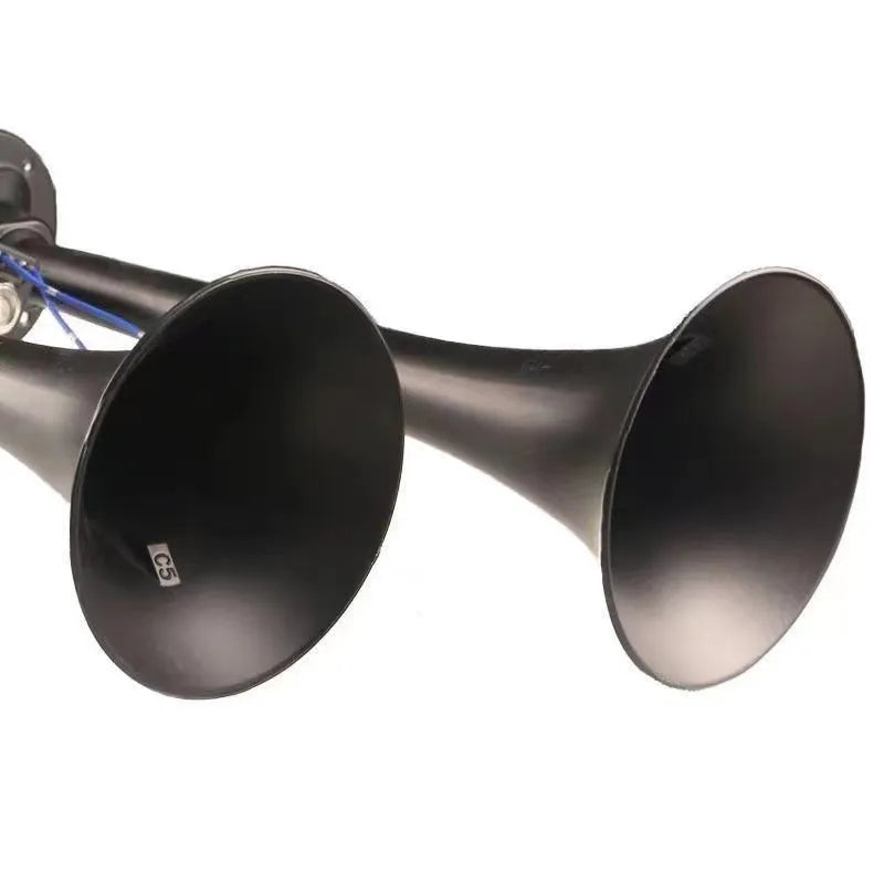 Black dual trumpet vehicle air horn kit with compressor for 12V and 24V systems
