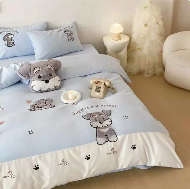 Cartoon Schnauzer children's bedding set with thickened cotton material and embroidery details