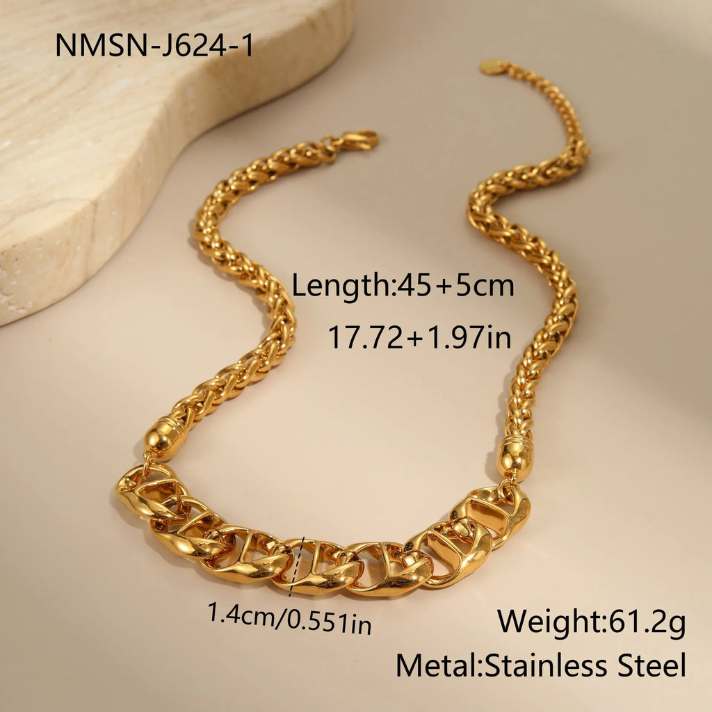 Stainless steel electroplated gold necklace with geometric chain design for women