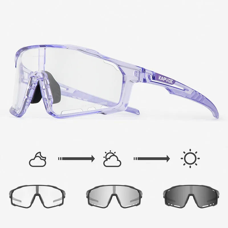 TR90 semi-rimless cycling sunglasses with photochromic lenses, shown in multiple colour options.