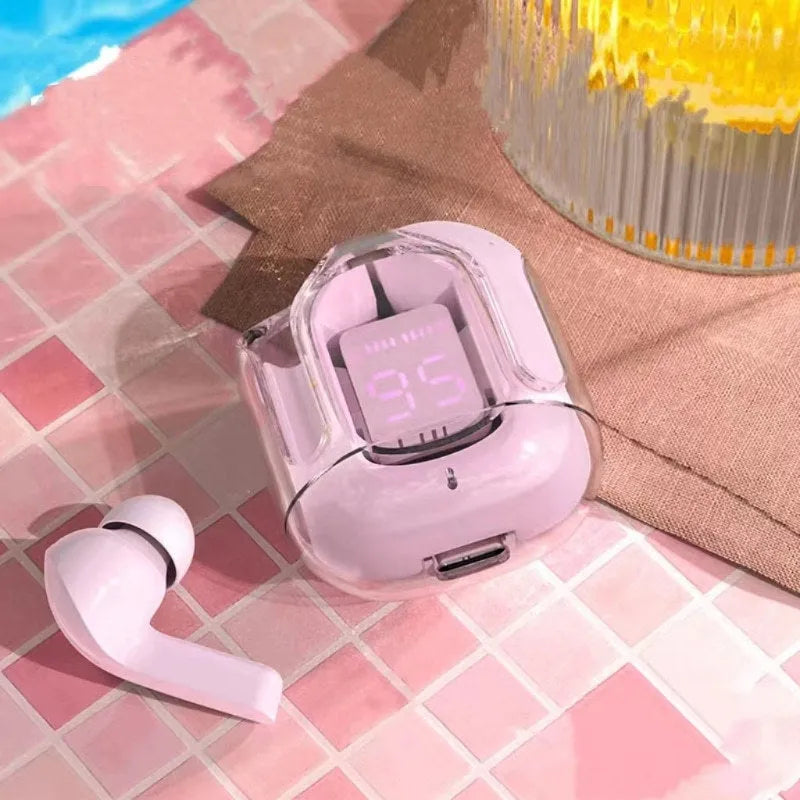 Transparent space capsule Bluetooth headset body with digital display and Jerry chip in black white blue green and peach