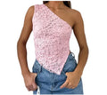 Women's slim fit lace backless sleeveless top with asymmetrical neckline in solid colour