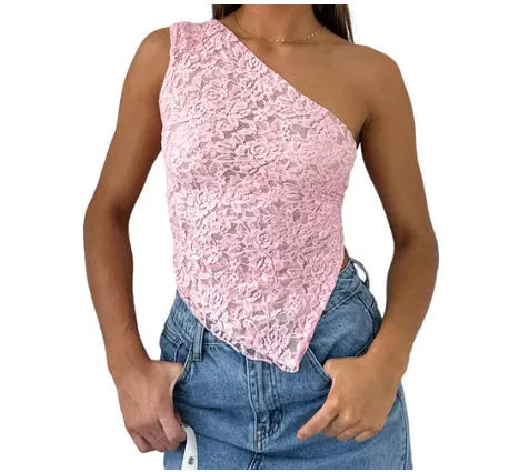 Women's slim fit lace backless sleeveless top with asymmetrical neckline in solid colour
