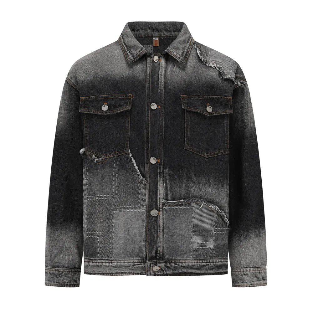American retro high street washed destroyed denim jacket in black with side seam pockets