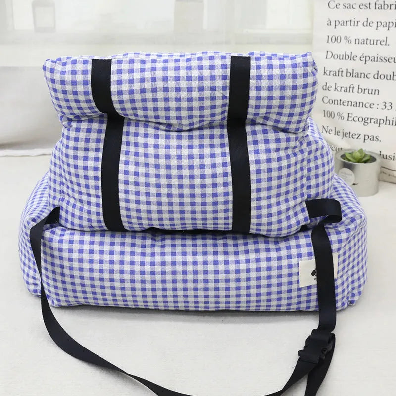 Blue plaid and grey car-mounted pet travel nests in two sizes for small to medium dogs