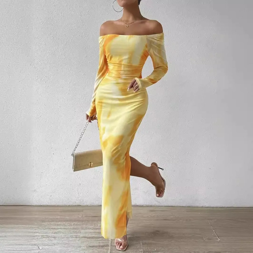 Printed pleated mesh fishtail dress with square collar and thigh split in gradient colours