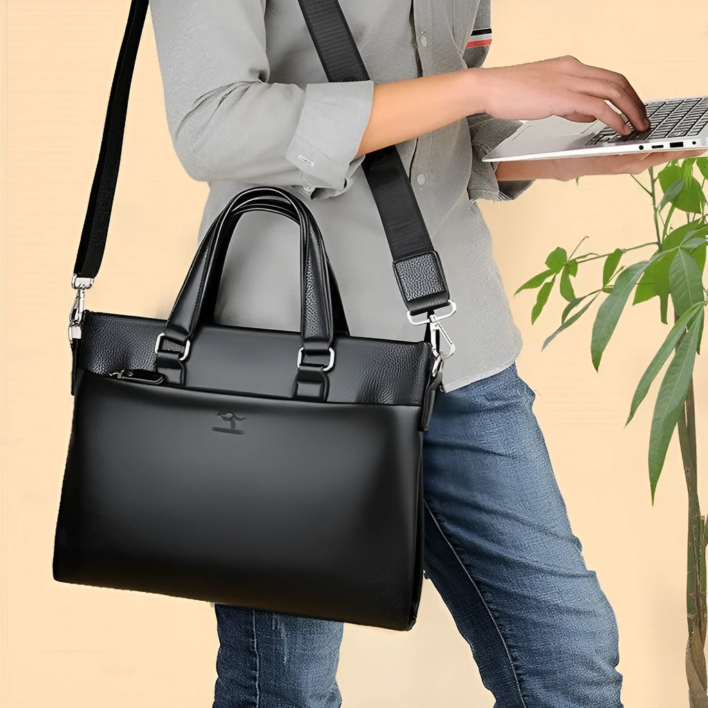 Men's black PU leather business messenger bag with crossbody shoulder strap showing splicing design