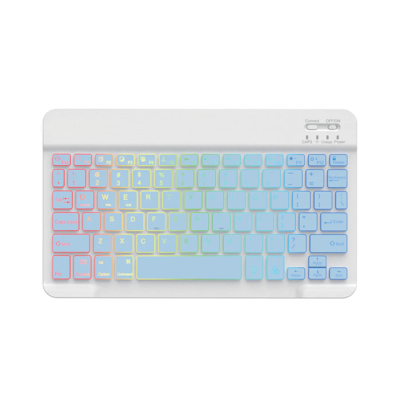 10-inch black Bluetooth keyboard with colourful blue backlighting, shown with a charging cable.