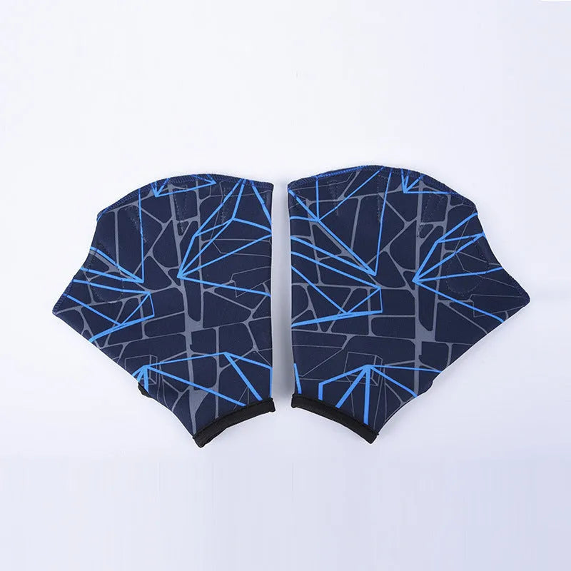 Outdoor swimming gloves with green duck feet webbing between fingers for water sports.