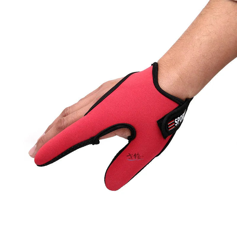 Two-finger fishing tackle glove in black colour, showing diving cloth back and microfiber palm material.