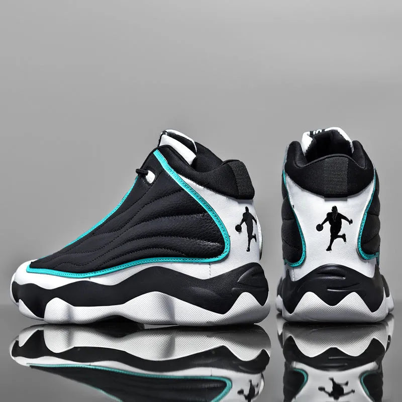 High-top basketball shoes with thick rubber soles and mesh upper in AJ13 colour options