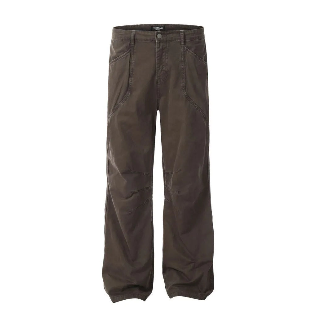 Men's brown cotton loose straight wide leg trousers with high waist and zipper fly