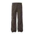 Men's brown cotton loose straight wide leg trousers with high waist and zipper fly