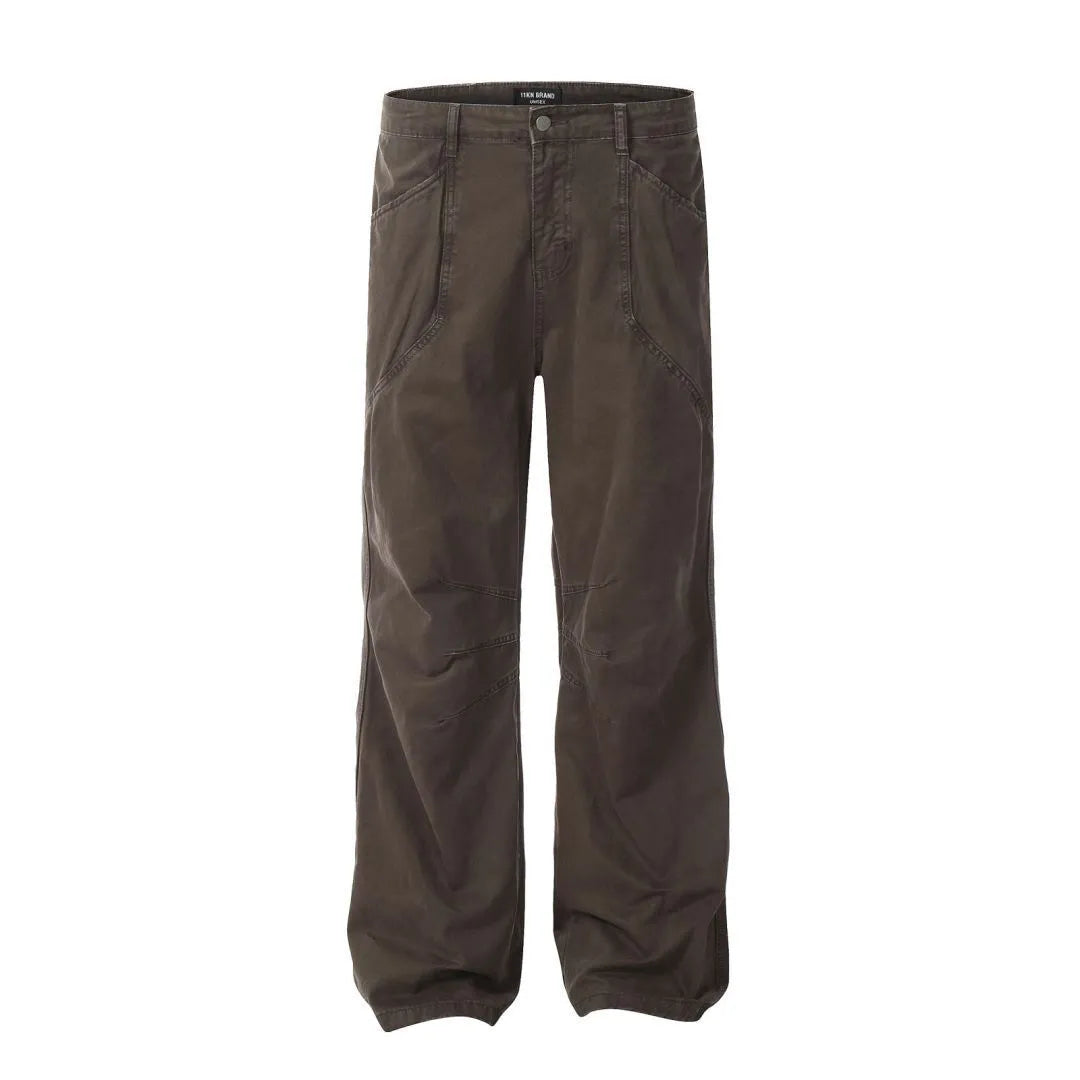 Men's brown cotton loose straight wide leg trousers with high waist and zipper fly