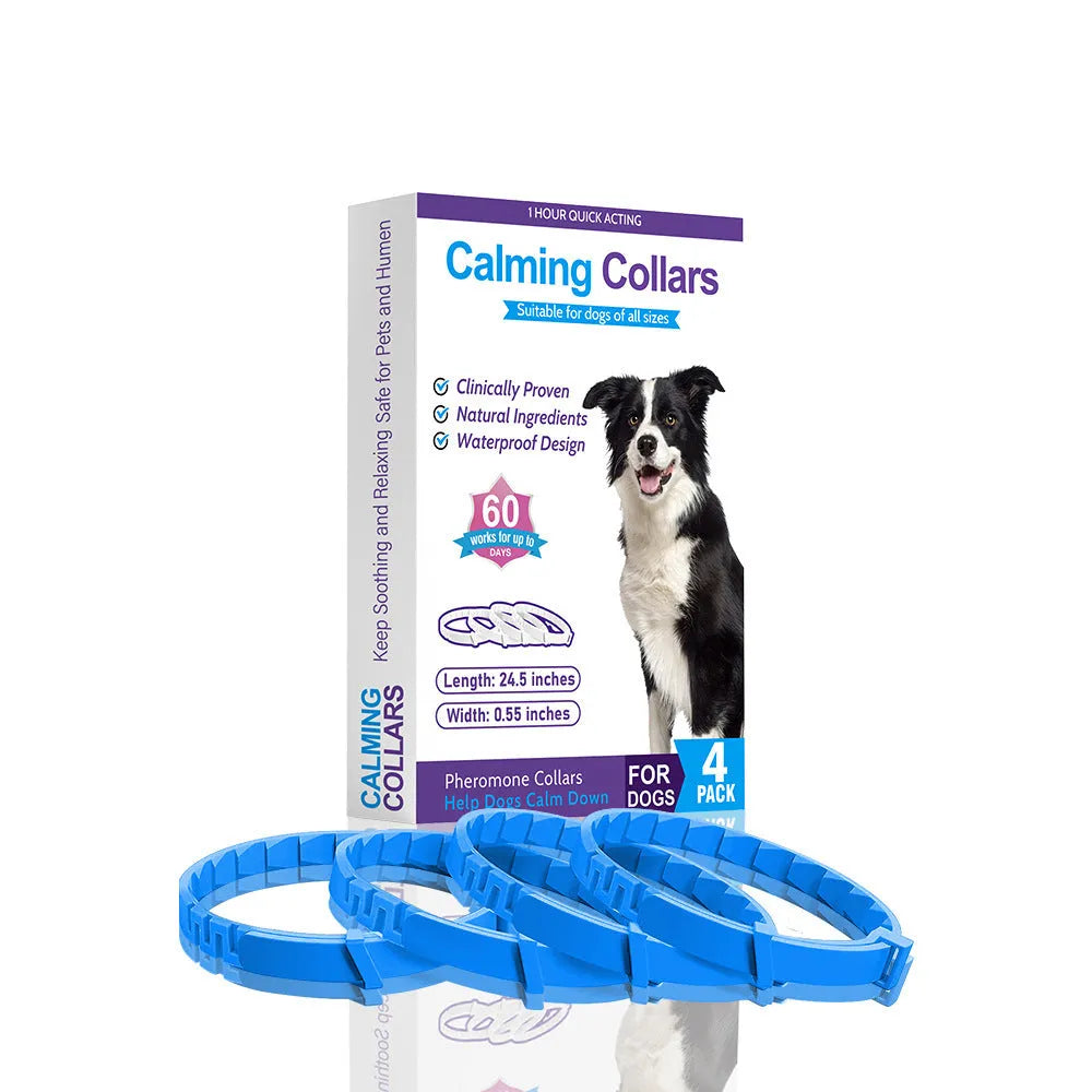 Four dog anxiety relief collars in different colours with monochrome Chinese style pattern