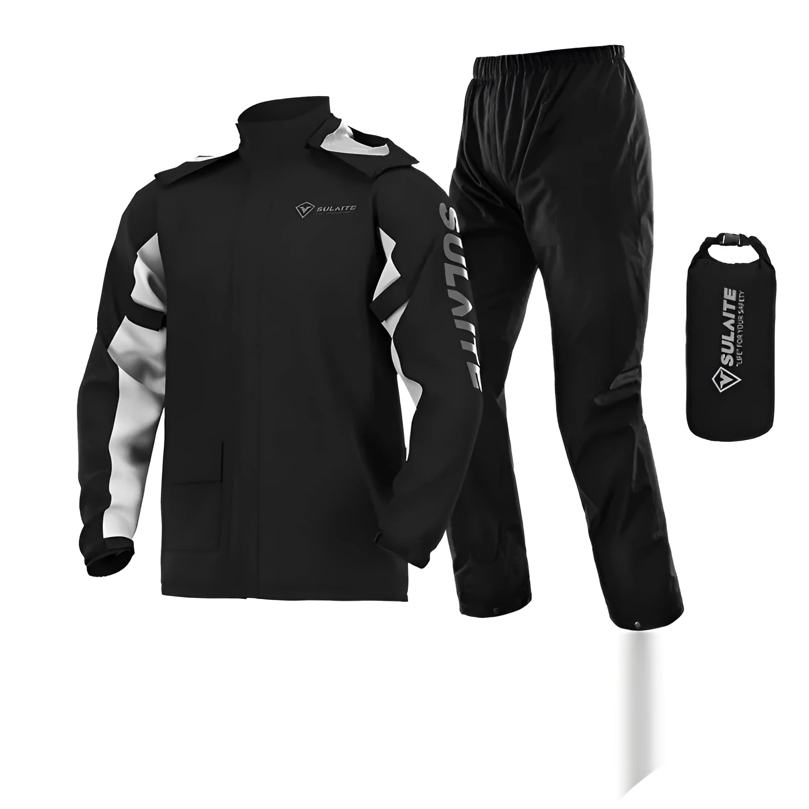 Motorcycle rain suit set with raincoat, rain pants, hidden shoe covers and storage bag