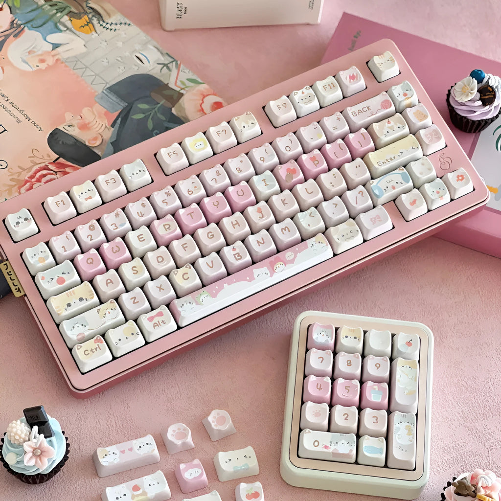 Meow Meow Team themed 141-piece PBT plastic key cap set for mechanical keyboards showing colourful sublimation print.