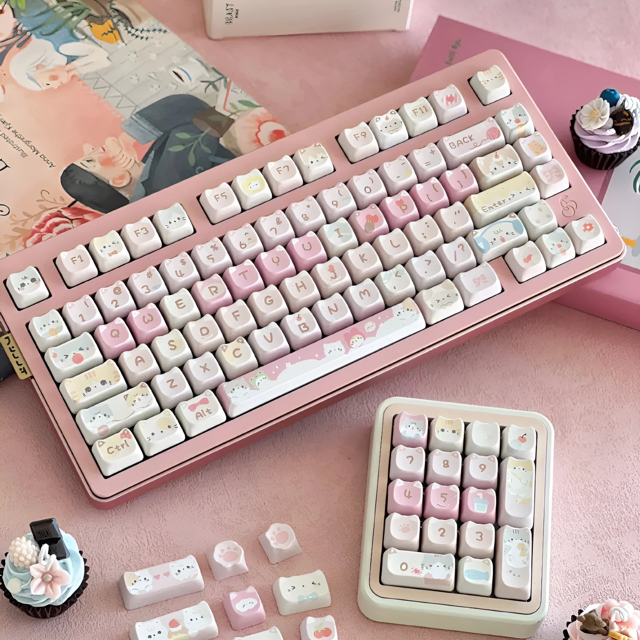 Meow Meow Team themed 141-piece PBT plastic key cap set for mechanical keyboards showing colourful sublimation print.
