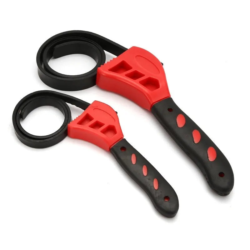 A 6-inch and an 8-inch adjustable rubber strap wrench set with plastic handles and a phosphated metal finish.