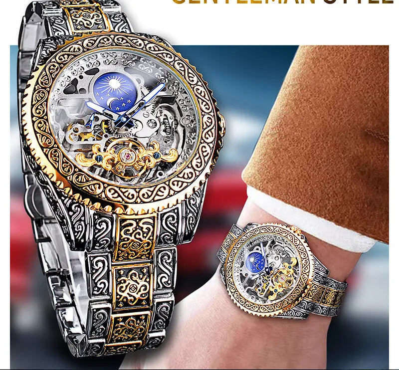 Forsining skeleton tourbillon mechanical watch with stainless steel case and bracelet