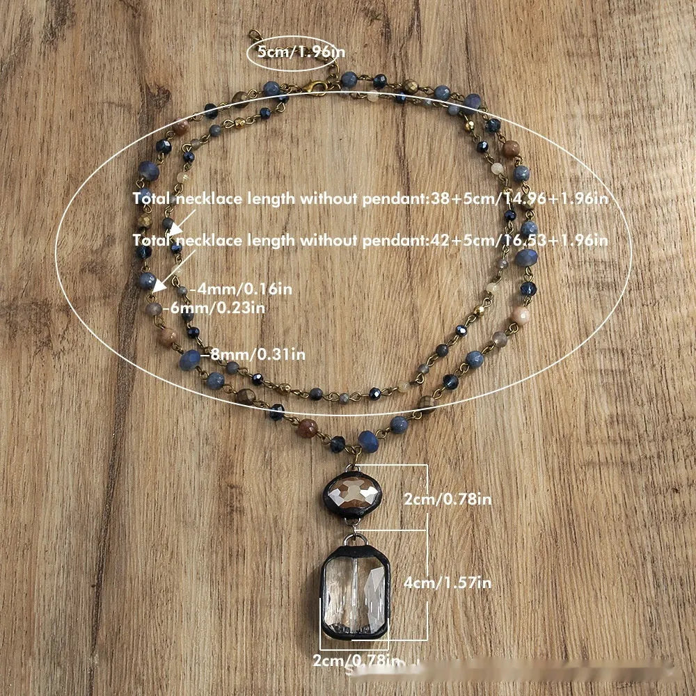 Two-layer tribal necklace with glass and natural stone pendant on adjustable alloy chain in beige colour