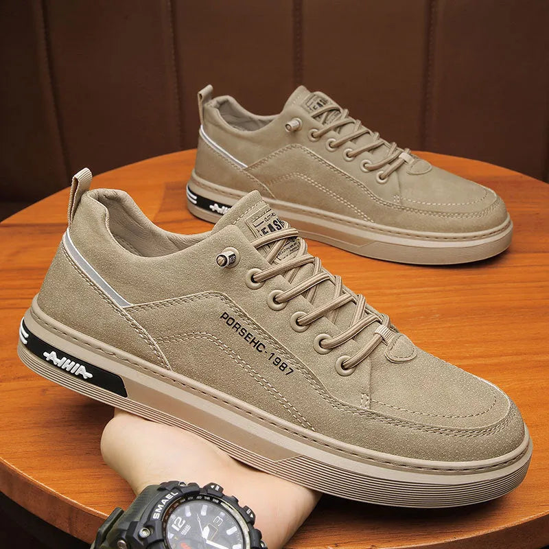 Men's low-top casual shoes in khaki with round toe, rubber sole, and artificial PU upper.