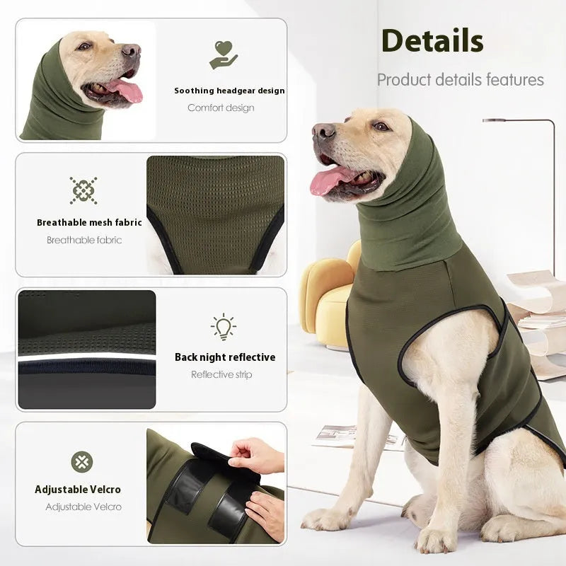 Dog wearing polyester calming jacket for anxiety relief in army green colour