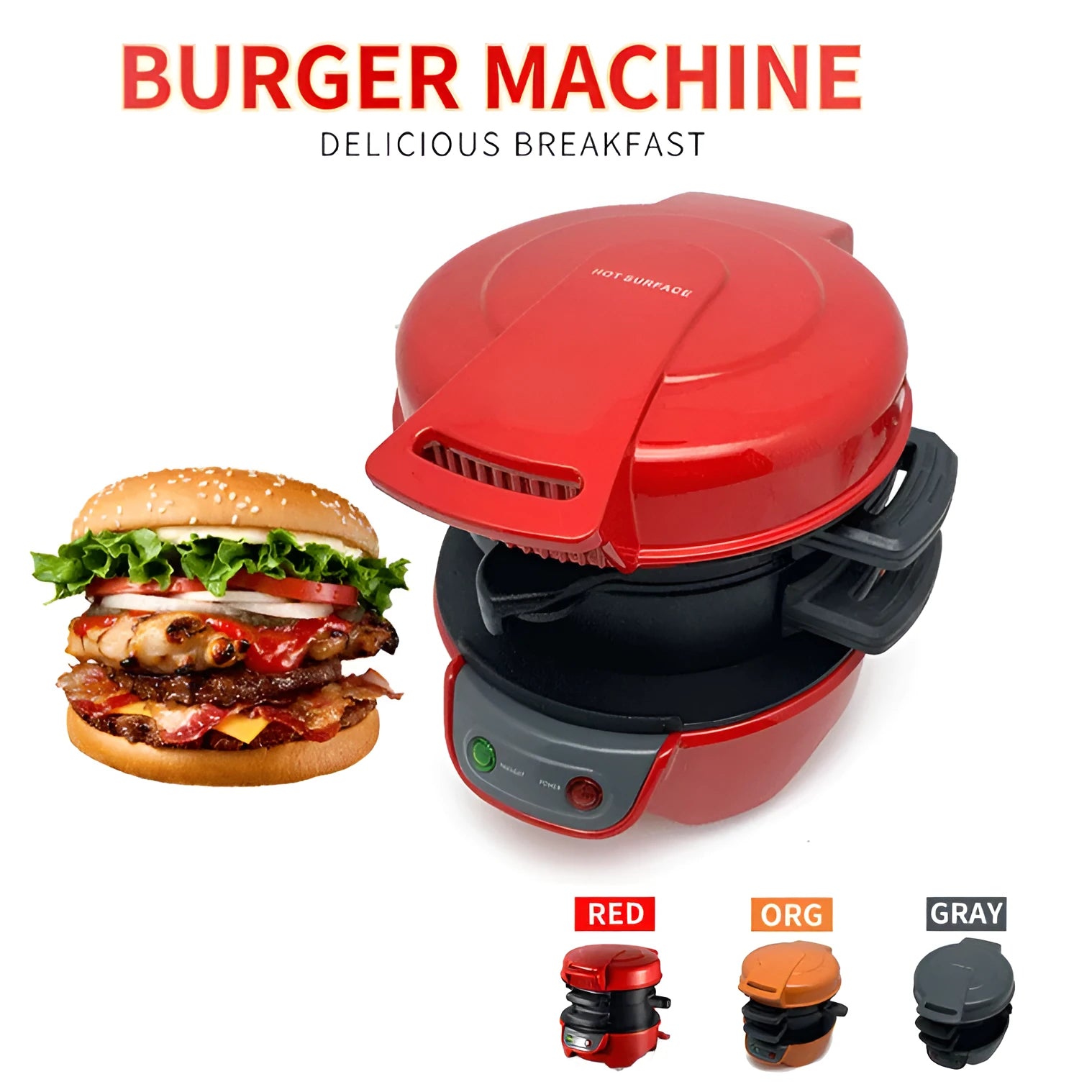 Bright red breakfast sandwich maker with egg cooker ring and two non-stick baking trays