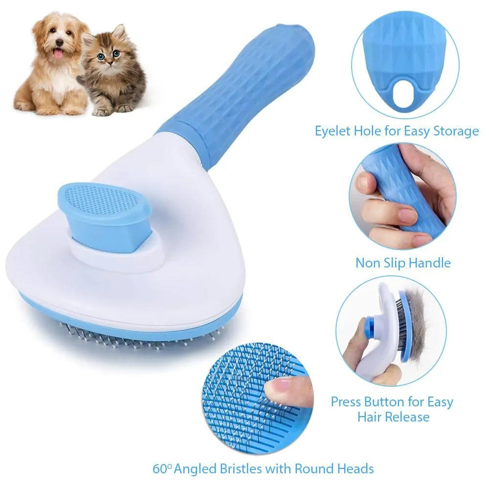 Cat grooming brush with release button in blue, grey, or pink with fine wire bristles