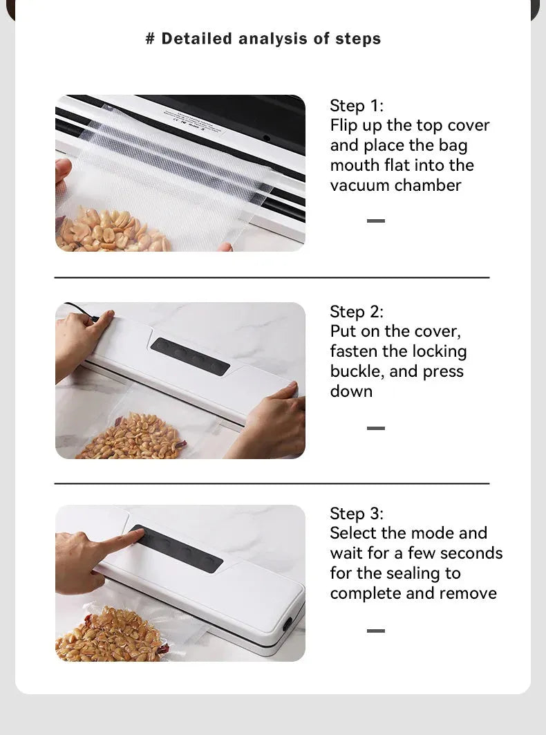 Small black automatic vacuum sealer machine on a kitchen countertop