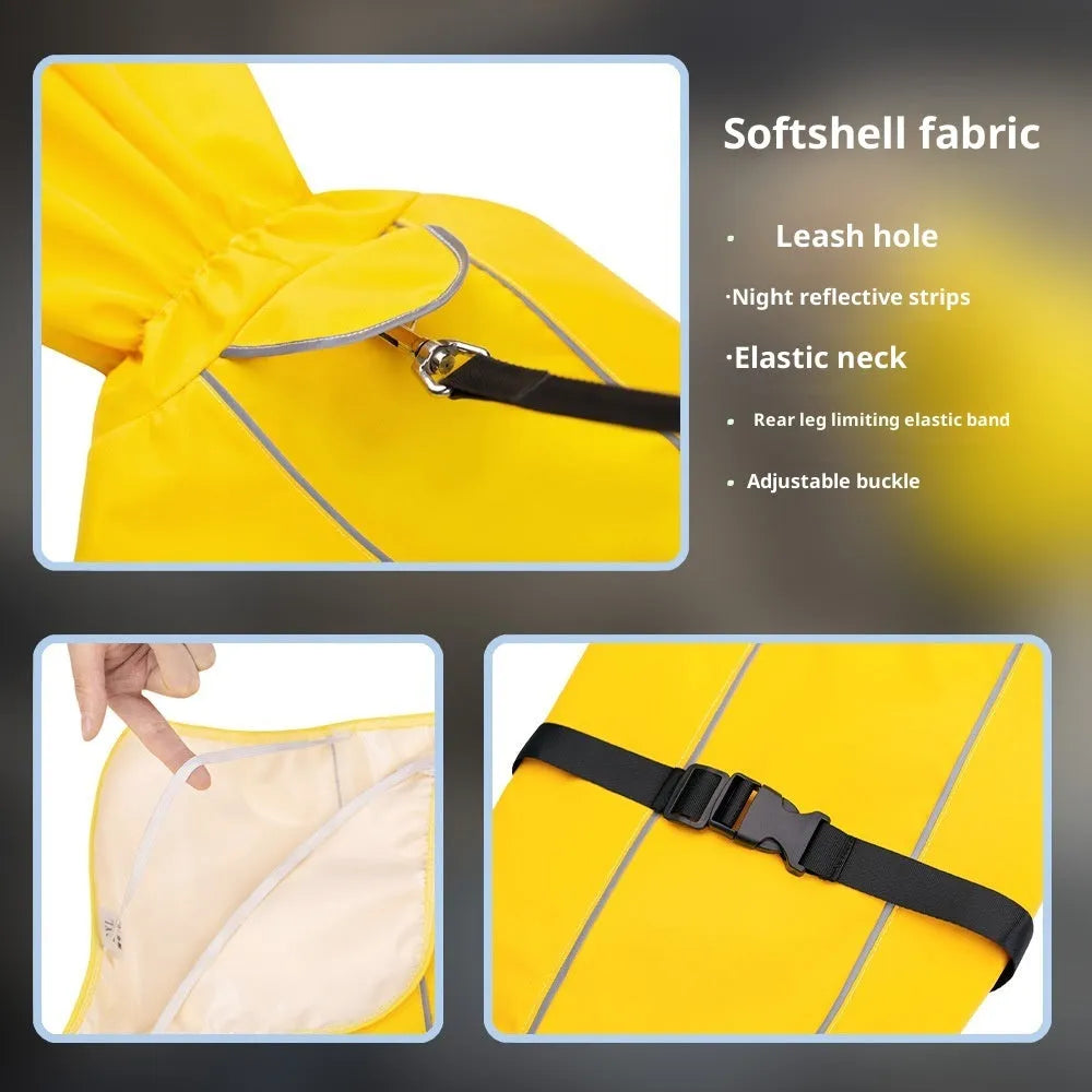 Outdoor waterproof pet dog raincoat in polyester, yellow colour, front view