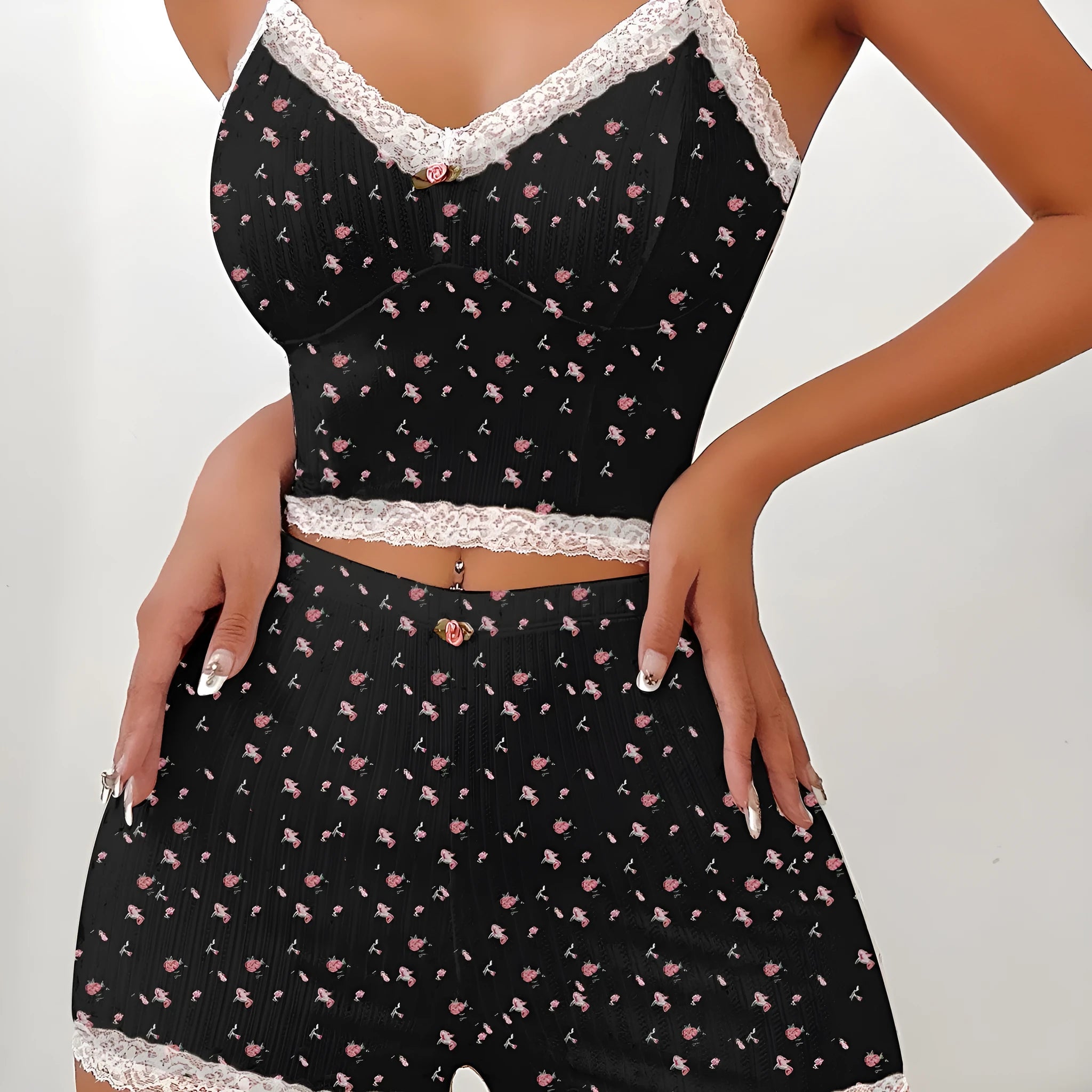 Design Sense Ladies Home Leisure Suit Two-Piece Shorts Set Sleeveless Top and Pants for Lounging at Home or Casual Outdoor Wear Available in Black and White Background Floral Sizes S M L XL