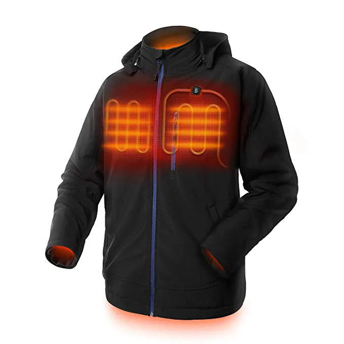 Black men's USB heated winter coat with long sleeves, straight hem, and zippered pockets.