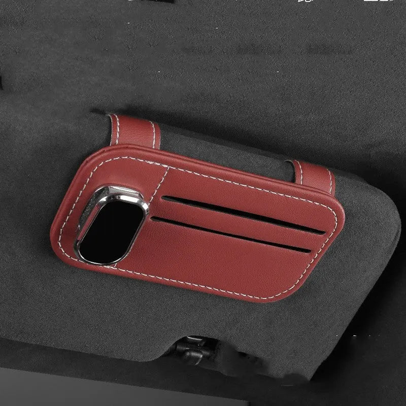 Cowhide leather car sun visor card holder with glasses clip in choice of five colours.