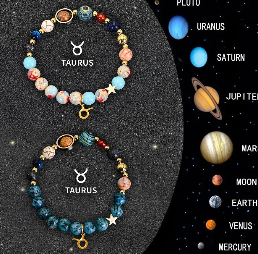 Set of two natural stone beaded bracelets for twelve zodiac signs on a wooden surface.