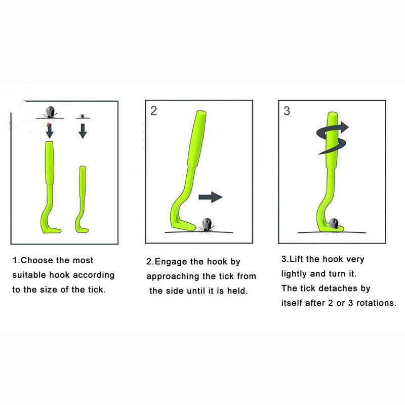Three plastic tick removal hooks for pets in blue or green colours with alcohol application instructions