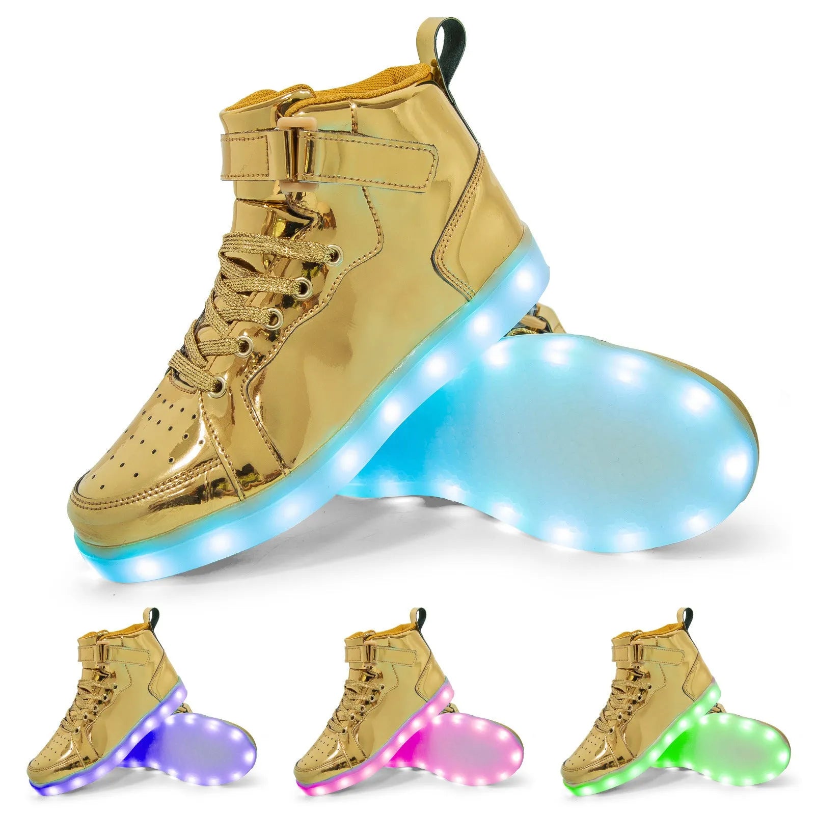 High-top trainer with LED lights on the side, Velcro strap closure, shown in gold colour.