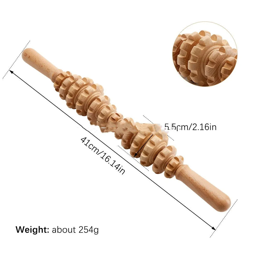 A set of natural beech wood massage rollers including T-shaped and multi-wheel tools for muscle relief.