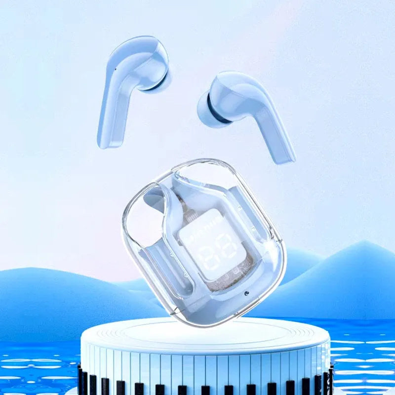 Transparent space capsule Bluetooth headset body with digital display and Jerry chip in black white blue green and peach