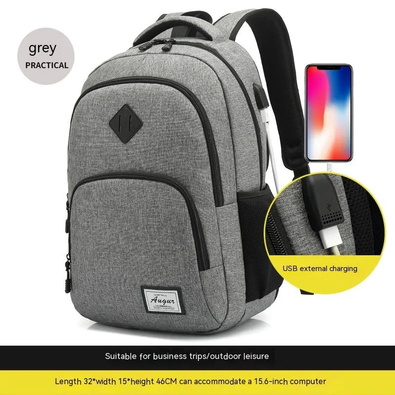 Black nylon backpack with USB charging port showing dimensions 32cm length 46cm height
