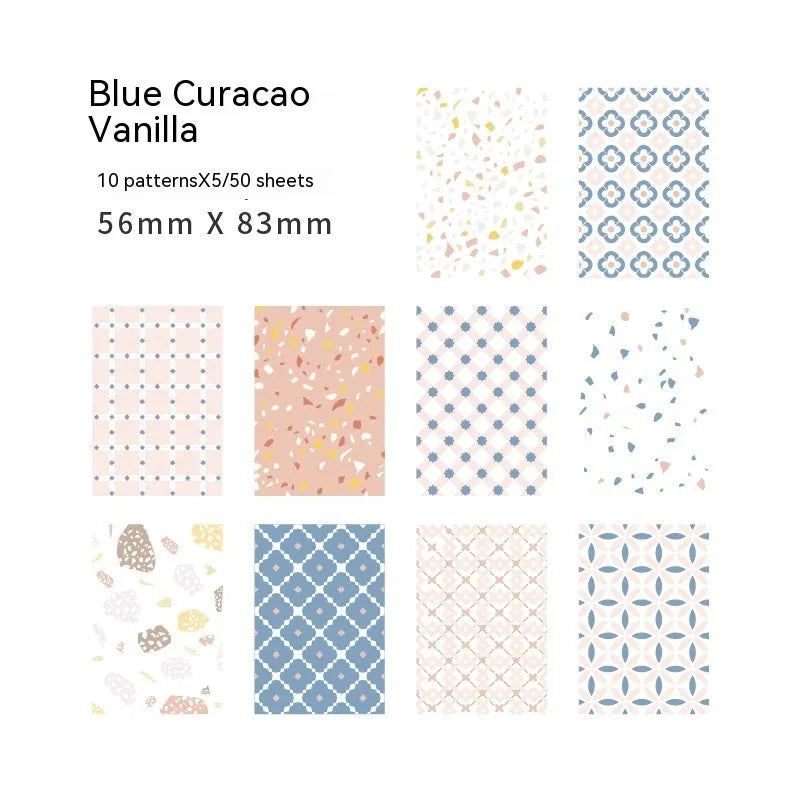 Retro collage material note paper in dessert colours showing ten different shades including caramel puff and mango milk roll