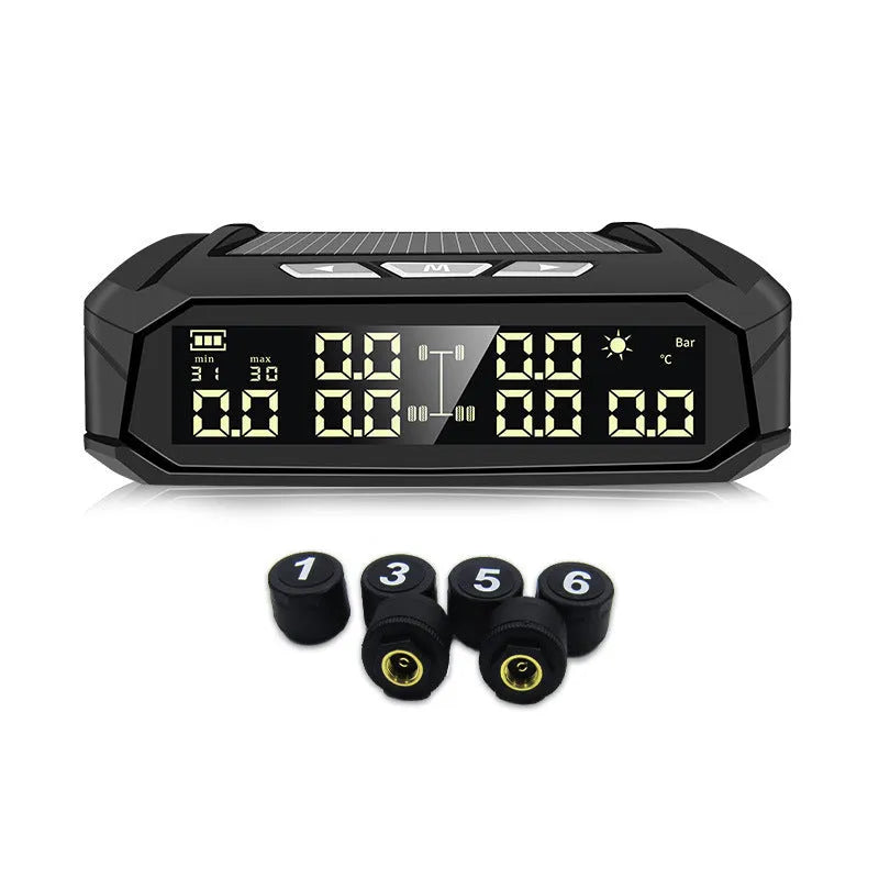 Solar external tyre pressure monitoring system with colour digital display for six-tyre vehicles